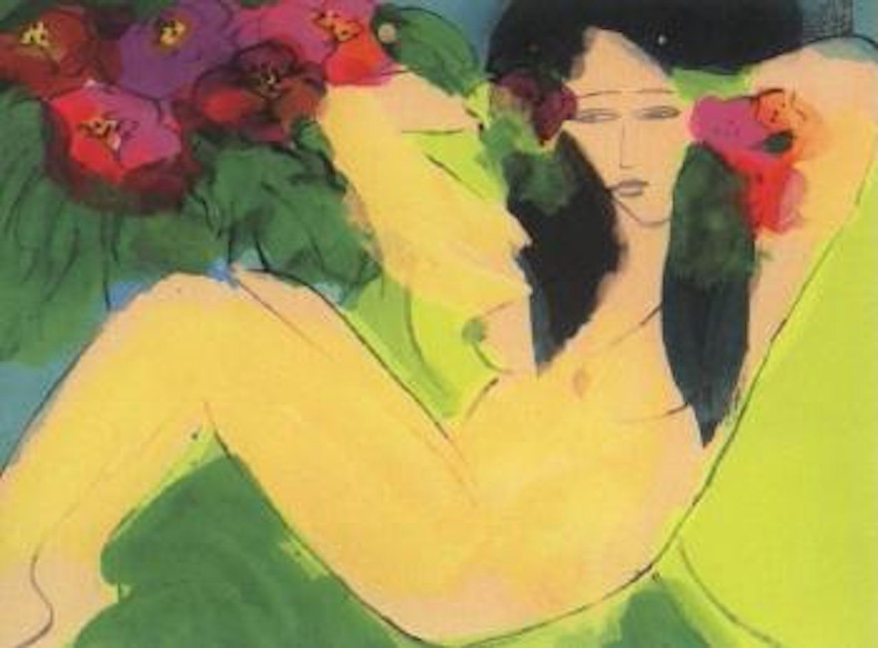 Reclining woman among flowers by Walasse Ting