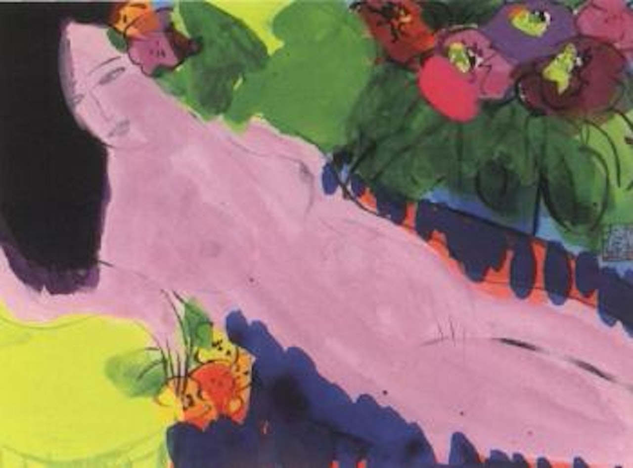 Reclining woman among flowers by Walasse Ting