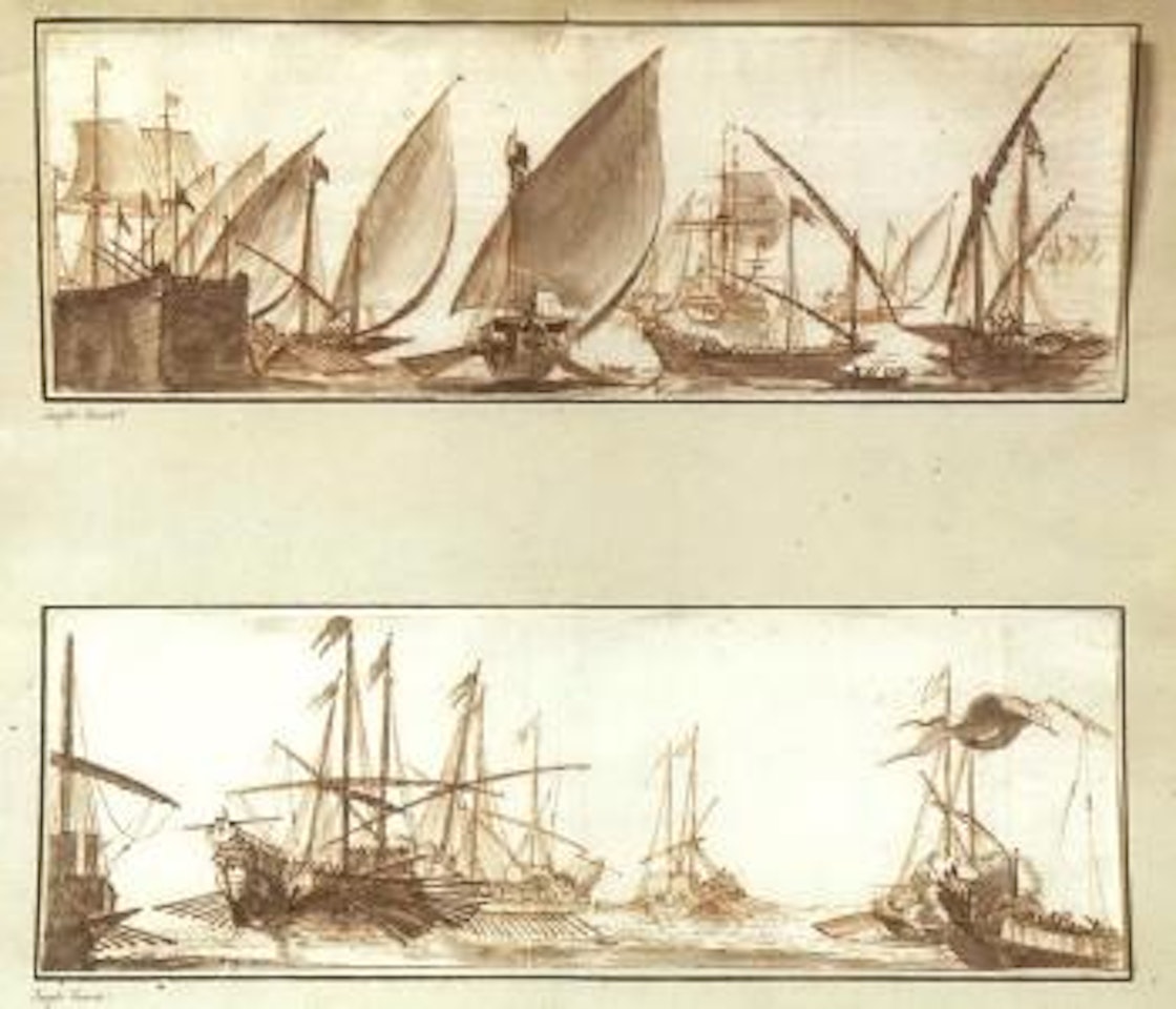 Galeres et voilier dans un port. Scene de combat naval by Claude Joseph Vernet