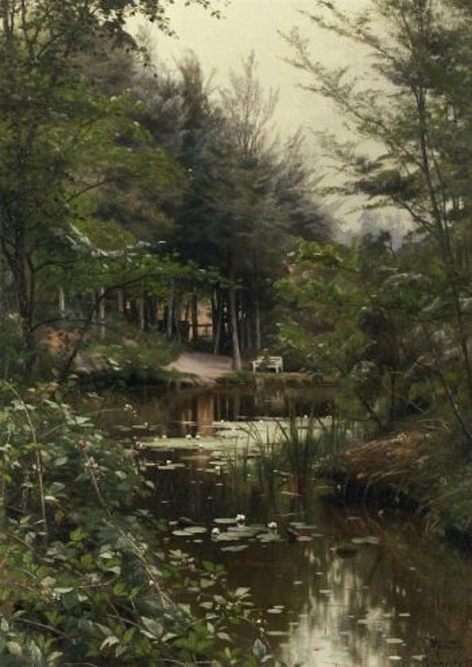 Lady reading by a lake by Peder Mork Monsted
