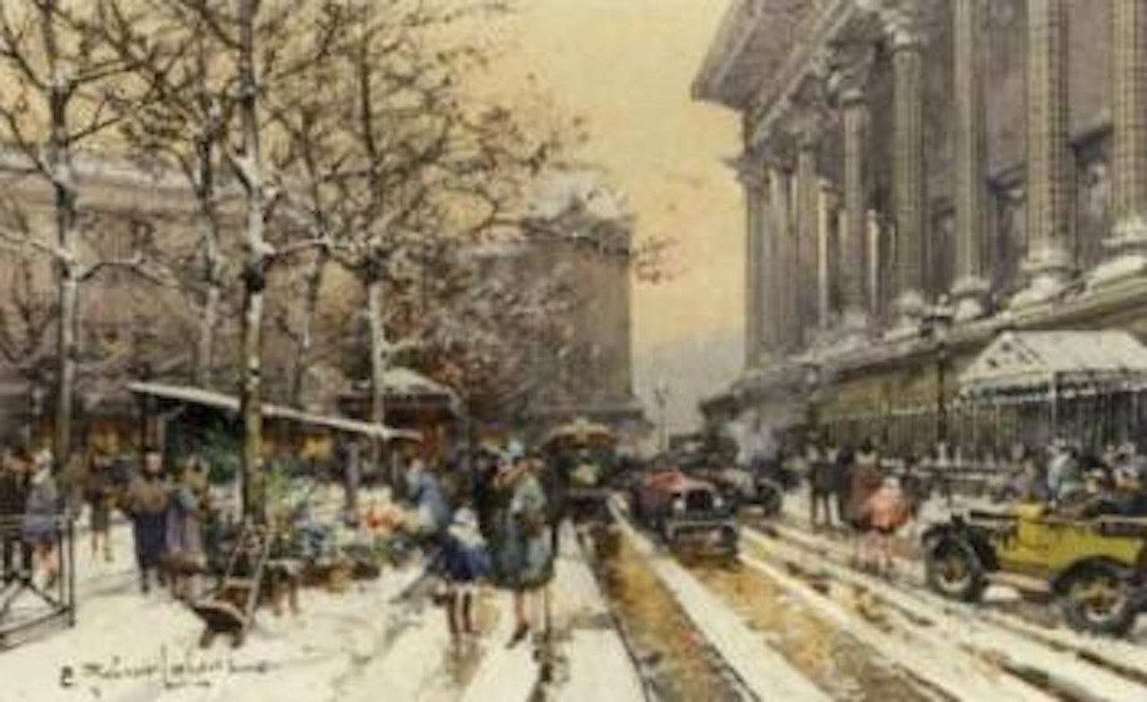 Flower market by the Madeleine, Paris by Eugene Galien-Laloue