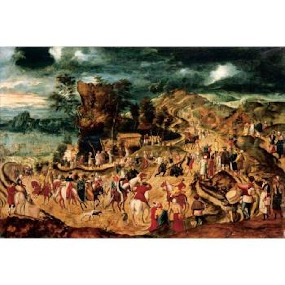Landscape with the way to Calvary by Herri met de Bles