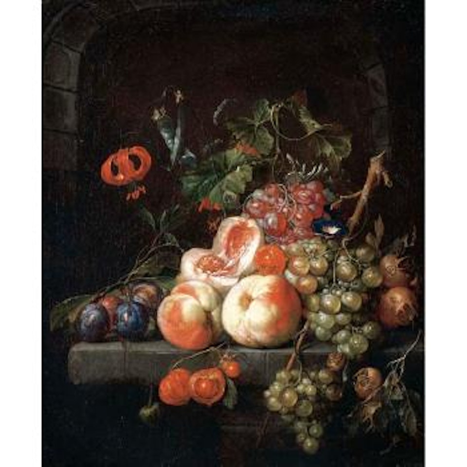 Still life of peaches, plums, grapes and other fruits on a stone ledge by Cornelis de Heem