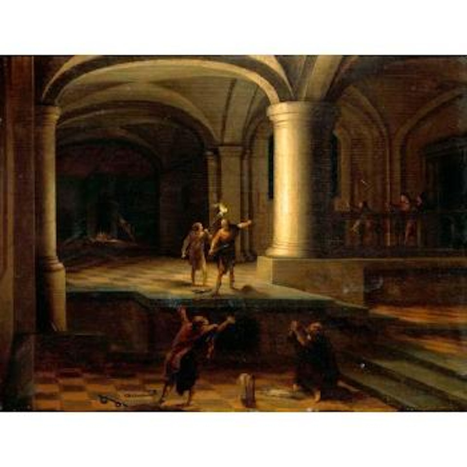 Interior of a church crypt with figures by torchlight by Hendrik van Steenwyck the Younger