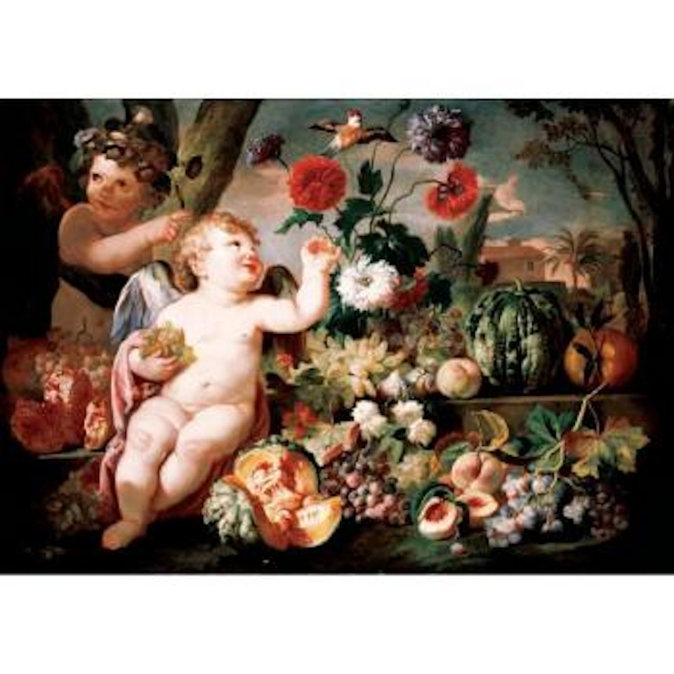 Still life with putti, fruit and flowers in an exotic landscape by Franz Werner von Tamm