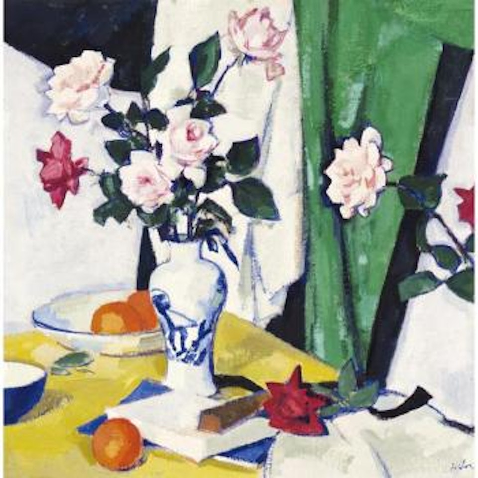 Still life of pink and red roses in a Chinese vase by Samuel John Peploe