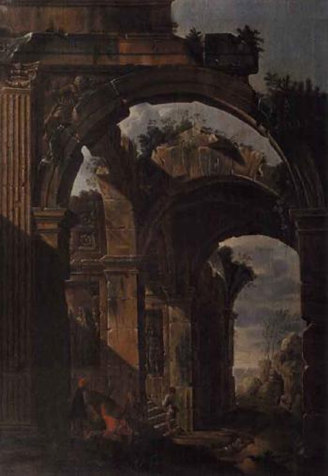 Figures amongst Roman ruins by Giovanni Ghisolfi