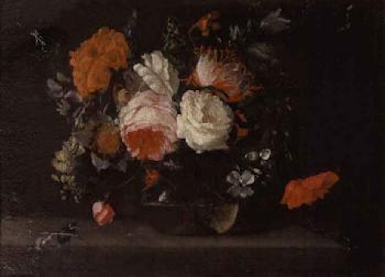 Rose, a poppy, delphiniums and other flower in a glass vase on a stone ledge, butterfly and beetle by Jacob van Walscapelle