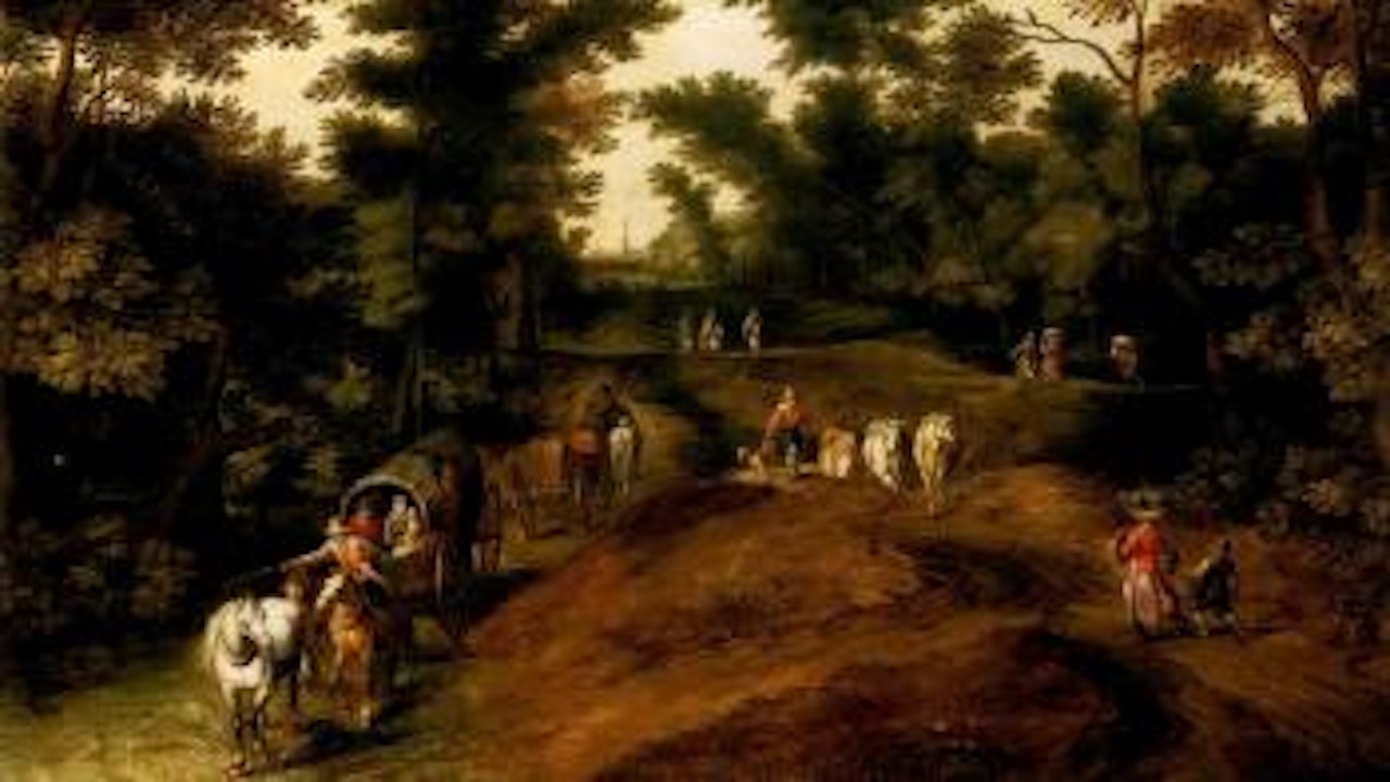 Wooded landscape with peasants and travelers on a path by Jan Brueghel the Younger