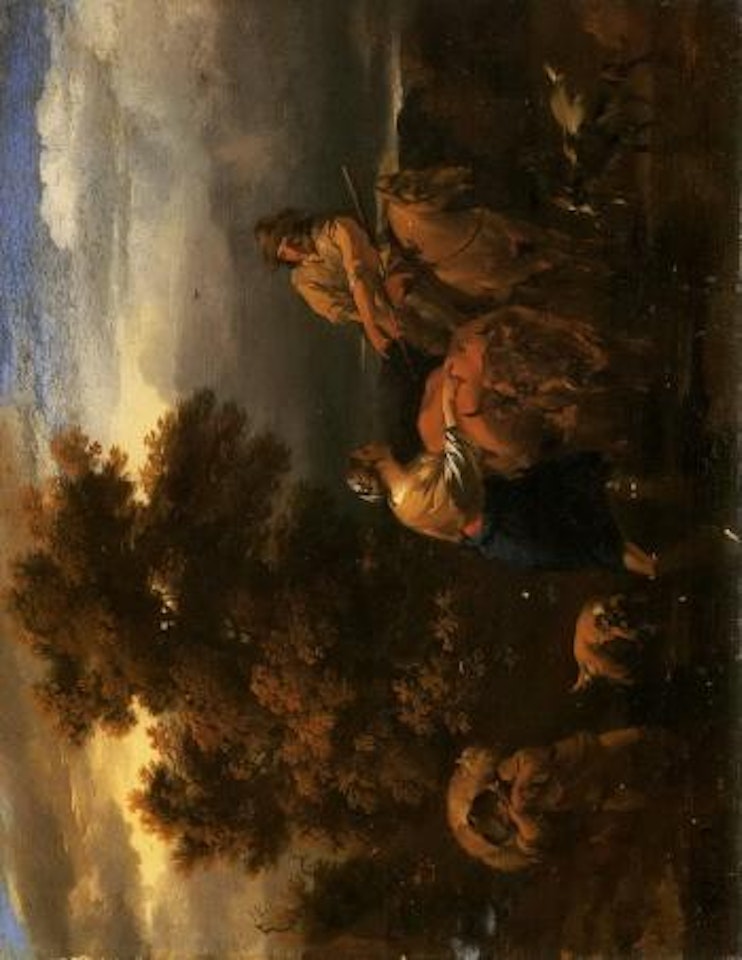 Italianate river landscape with drovers at a ford at dusk by Nicolaes Pietersz Berchem