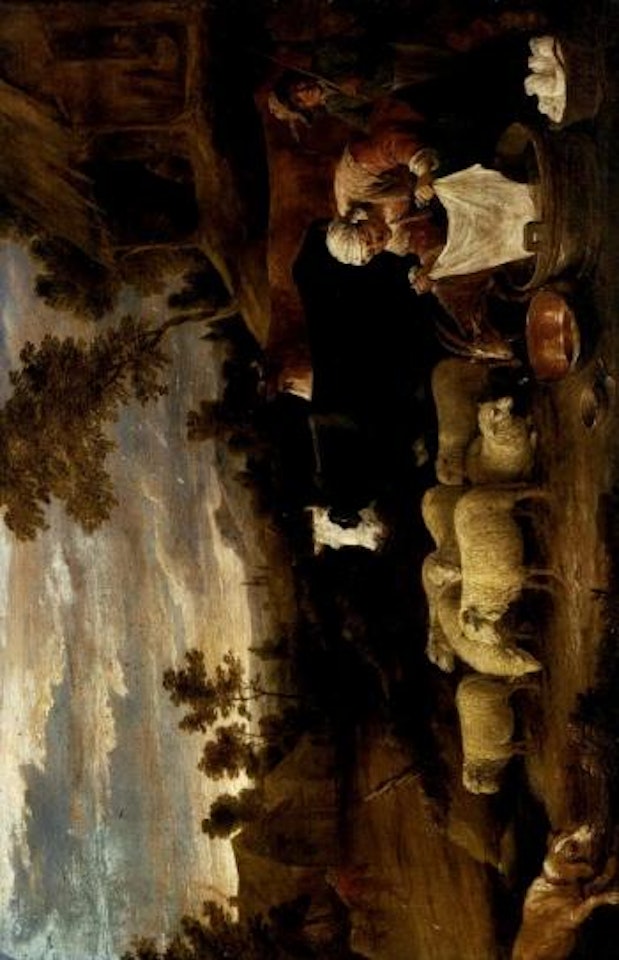 Pastoral landscape with a washerwoman and a herdsman with cattle and sheep by David Teniers II