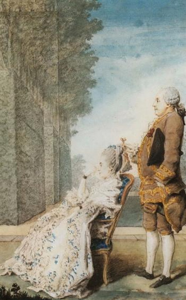 Portrait de la Comtesse de Lenoncourt avec un homme debout derriere elle by Louis Carrogis Carmontelle