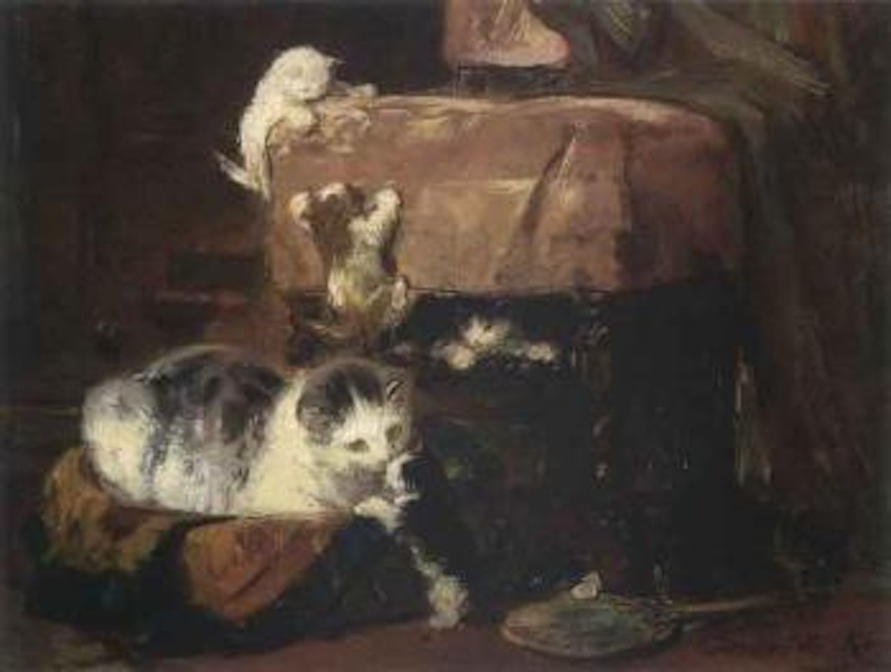 Kittens playing on a stool, a mother cat in a basket by Henriette Ronner-Knip