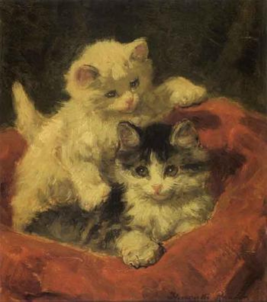 Two kittens on a red cushion by Henriette Ronner-Knip
