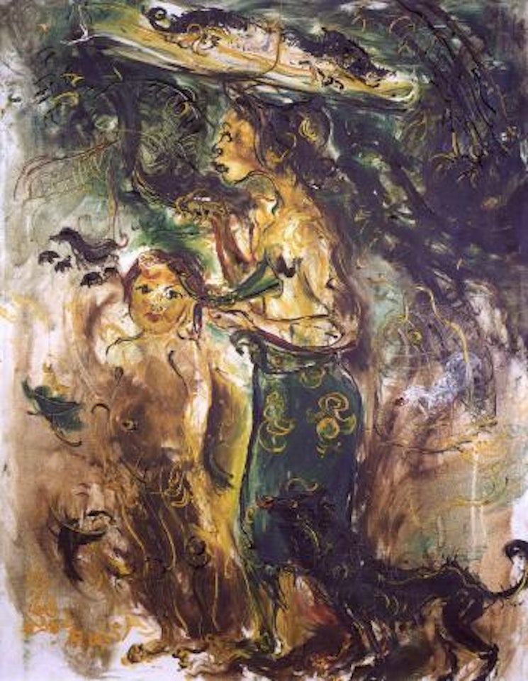 Balinese girl and child with offerings by Affandi