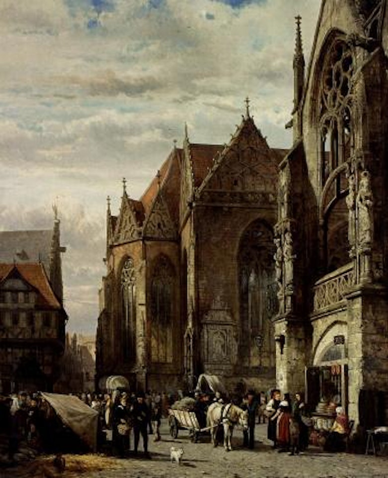 Many figures on a market square in front of the Martinikirche Braunschweig by Cornelis Springer