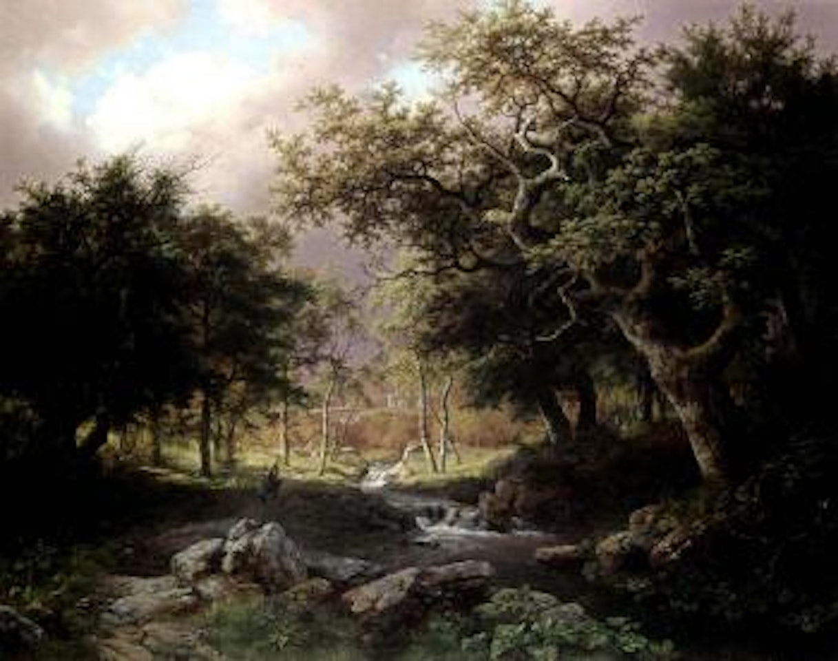 Wooded landscape with figures along a stream by Barend Cornelis Koekkoek