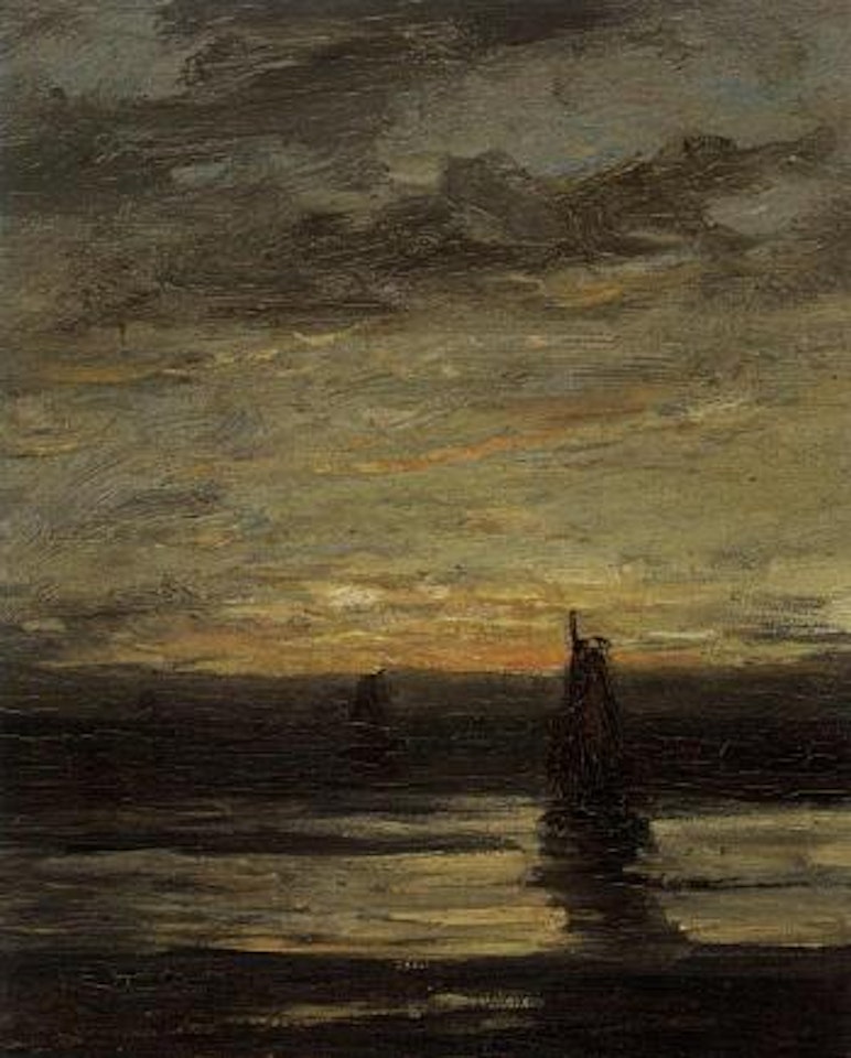 Fishing boats at dusk by Hendrik-Willem Mesdag