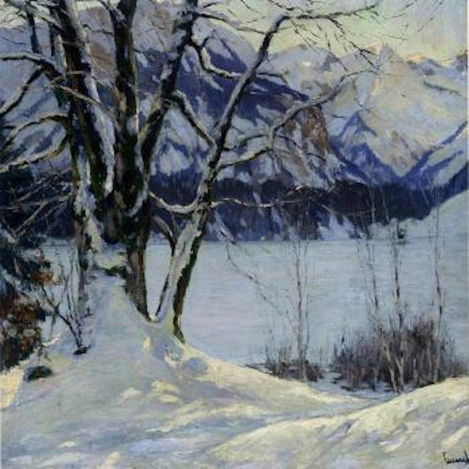 Frozen lake in a mountainous winter landscape by Edward Cucuel
