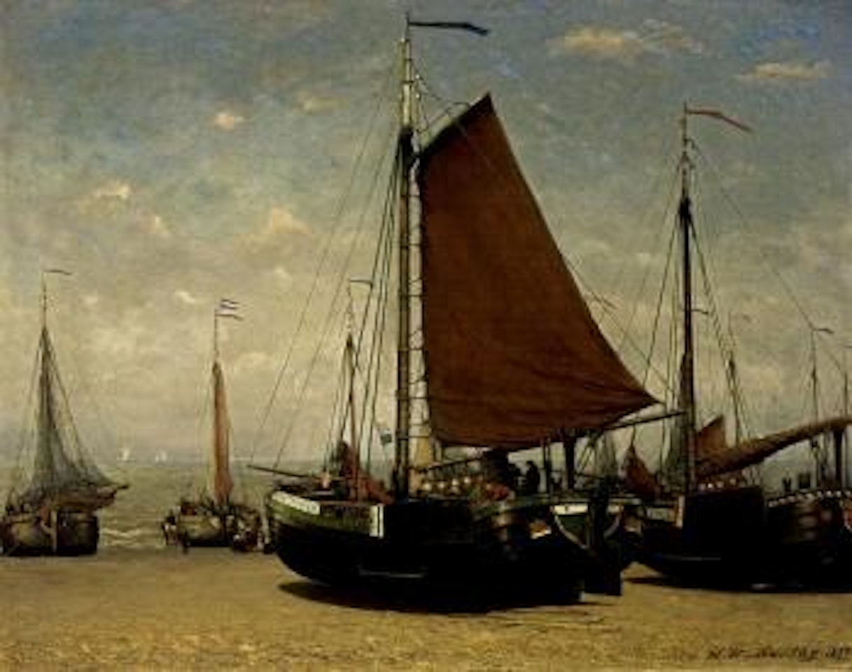 Bomschuit Prinses Sophie on the beach, Scheveningen by Hendrik-Willem Mesdag
