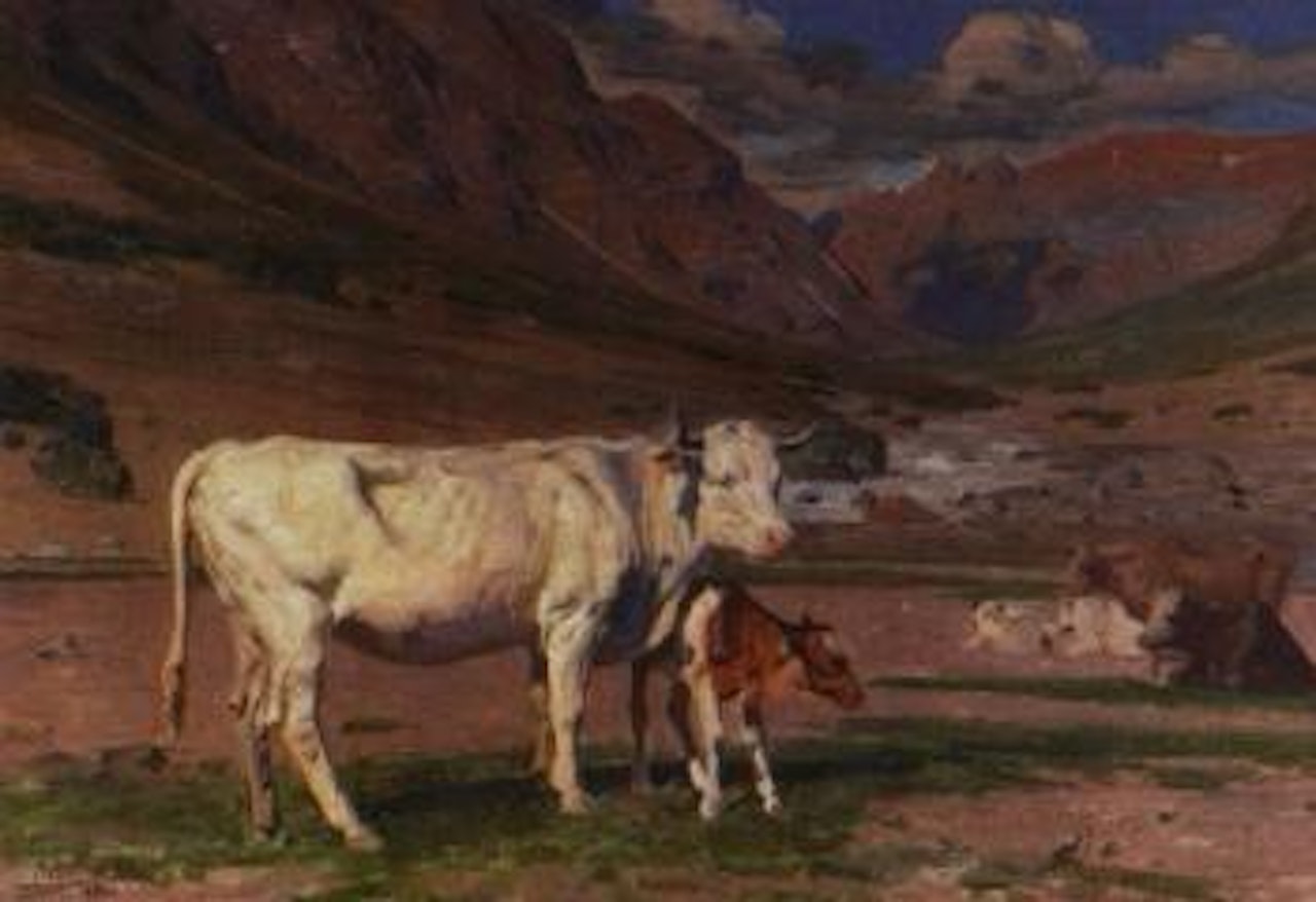 Cattle in a mountainous valley by Benito Rebolledo Correa