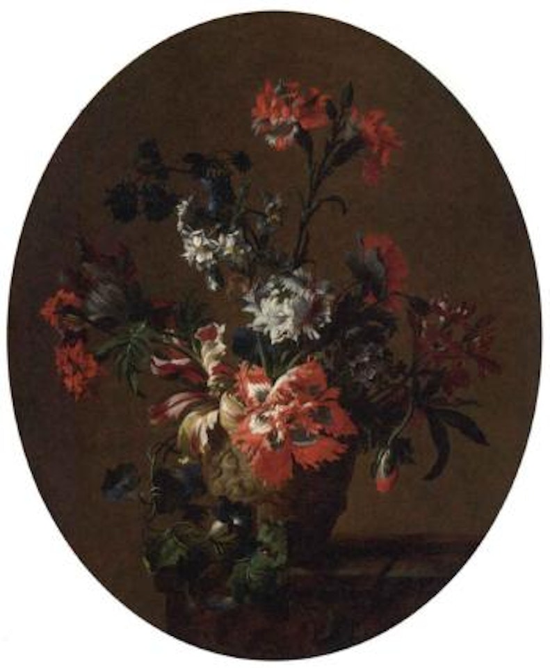 Flowers in a sculpted urn on a ledge by Jean Baptiste Monnoyer