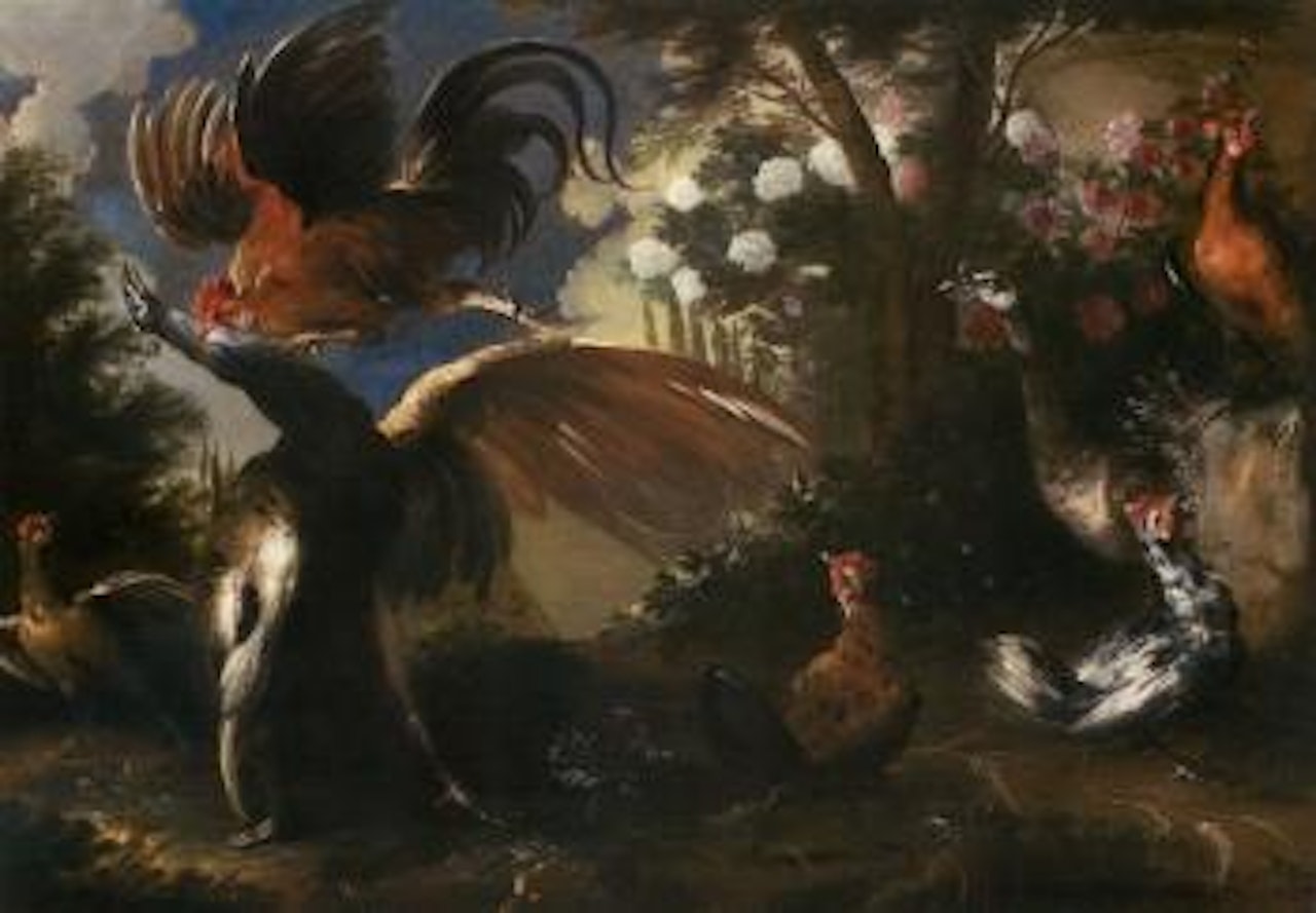 Peacock and cockerel fighting by Paul de Vos