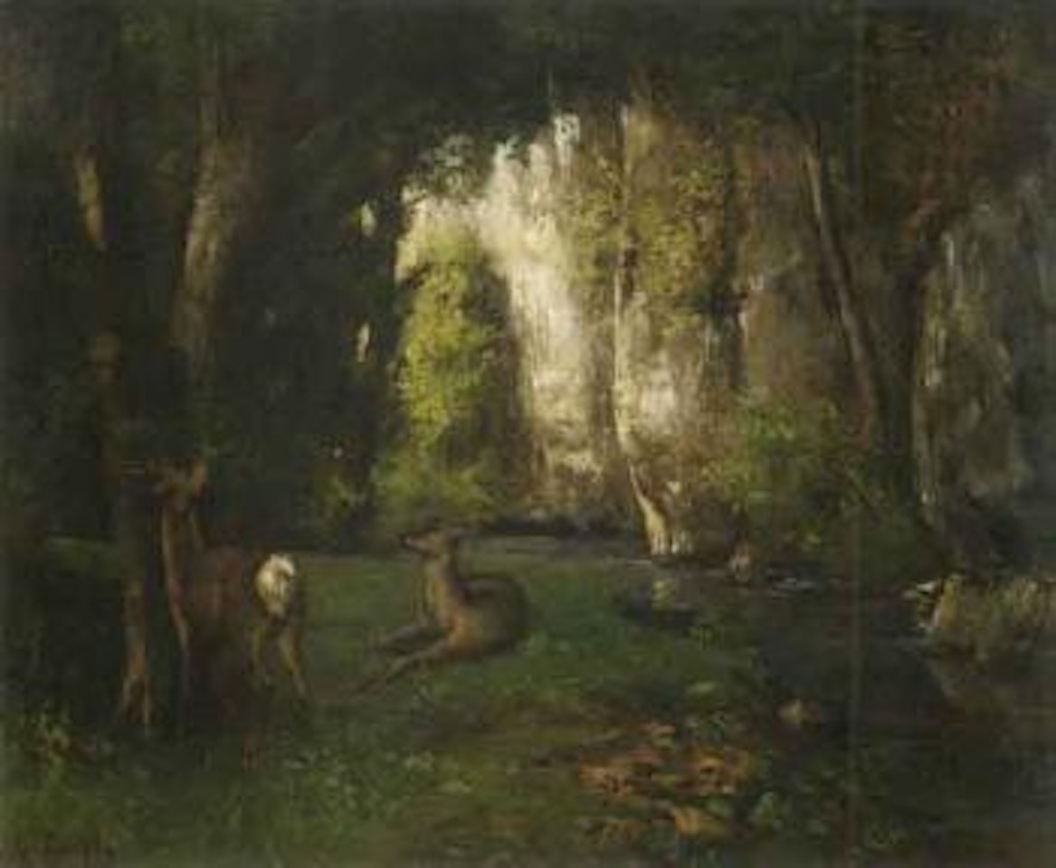 Deer in forest clearing by Gustave Courbet