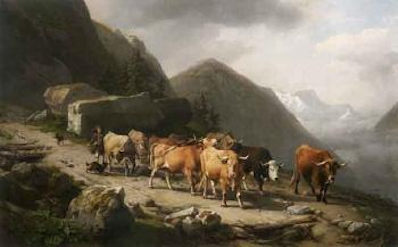 Herder driving cattle along alpine path by Eugène Joseph Verboeckhoven