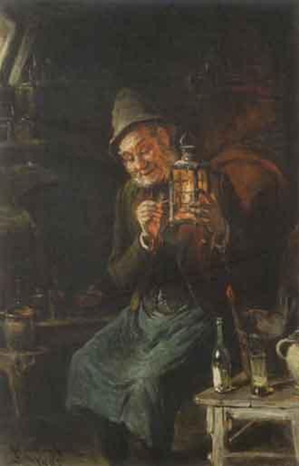 Old man in wine cellar lighting lantern by Hermann Kern