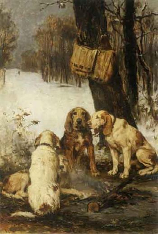 Hunting dogs round campfire by Olivier de Penne
