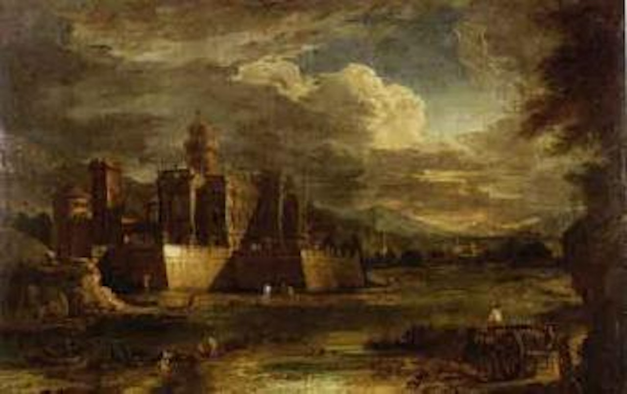 Paysage fluvial avec chateau. Paysge fluvial avec famille de bergeres by Italian School