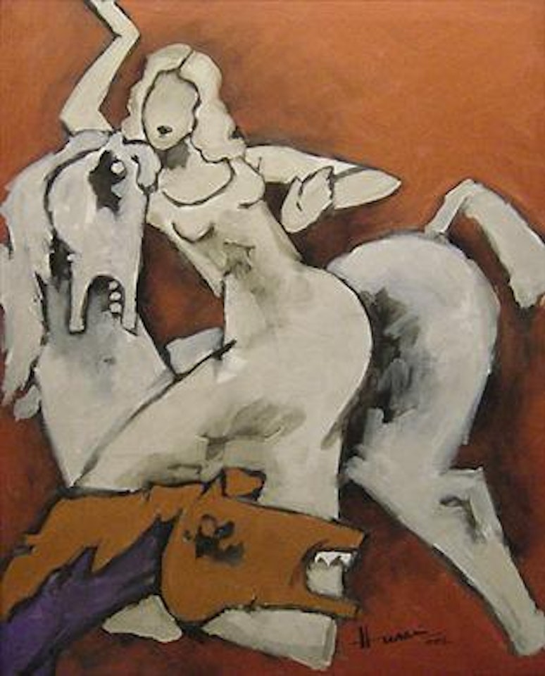 Untitled - figure with horses by M.F. Husain