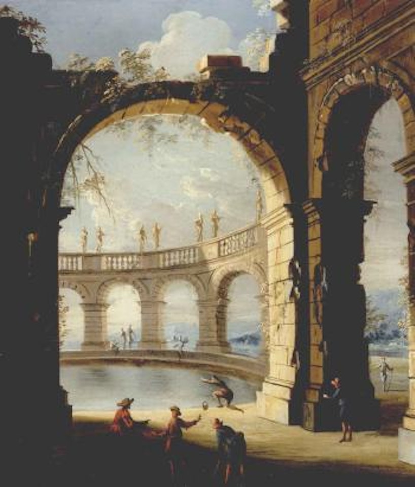Figures amongst classical ruins. Figures by pool by Gennaro Greco
