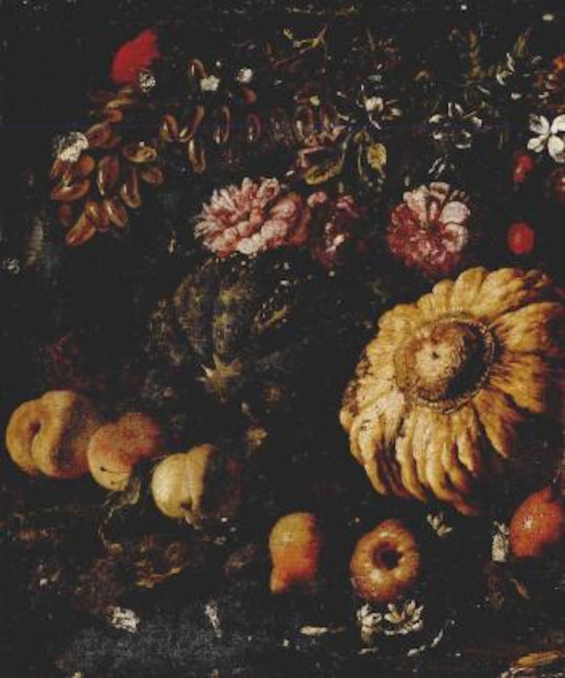 Still life of fruit and flowers in landscape by Michele Pace del Campidoglio