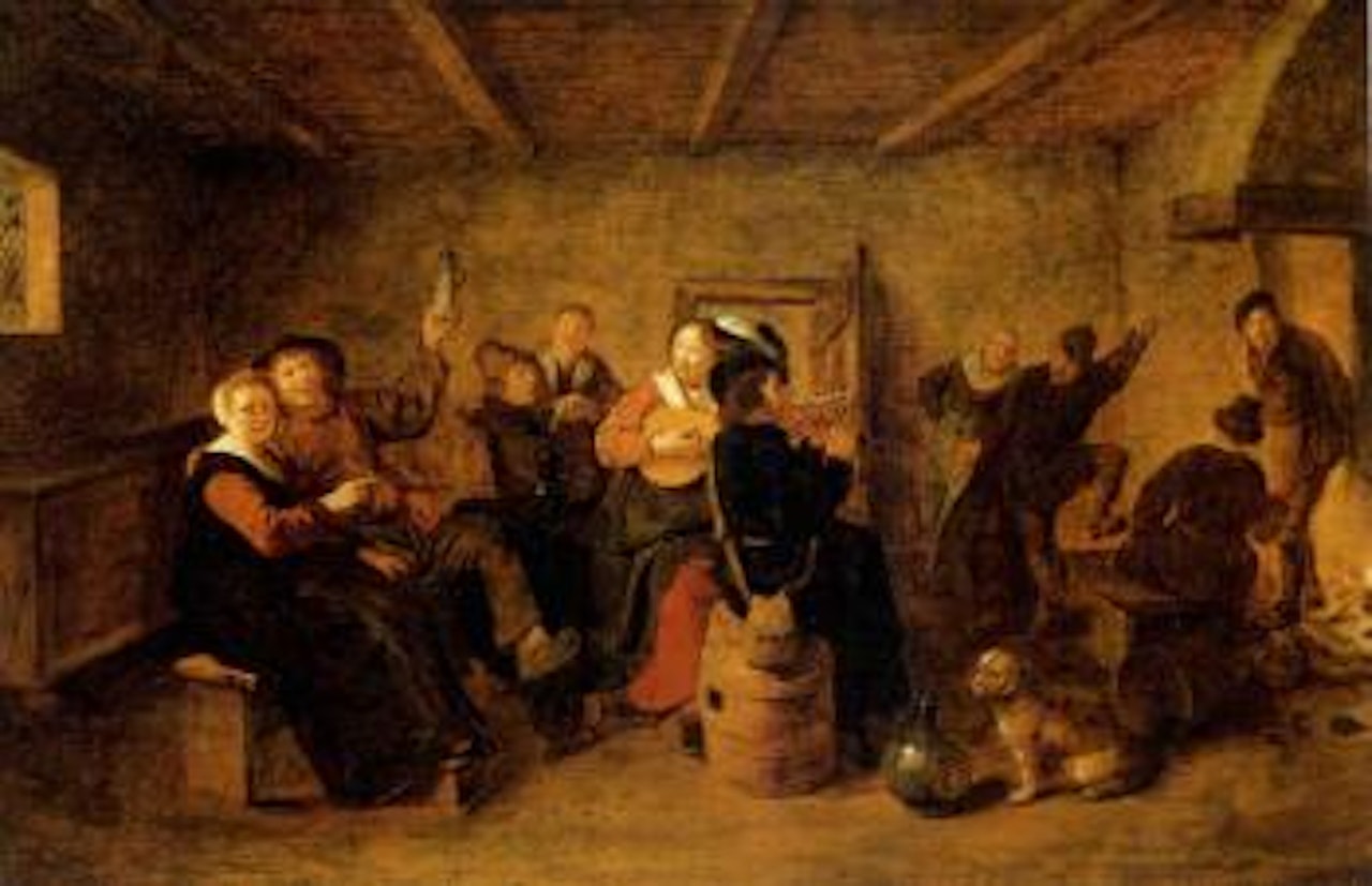 Peasants drinking and making music in tavern interior by Jan Miense Molenaer