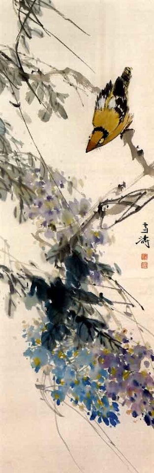 Bird on wisteria branch by Wang Xuetao