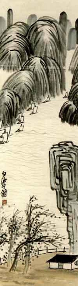 River landscape with sailing boats by Qi Baishi