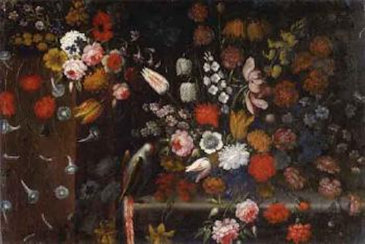 Large still life of flowers with parrot by Dutch School