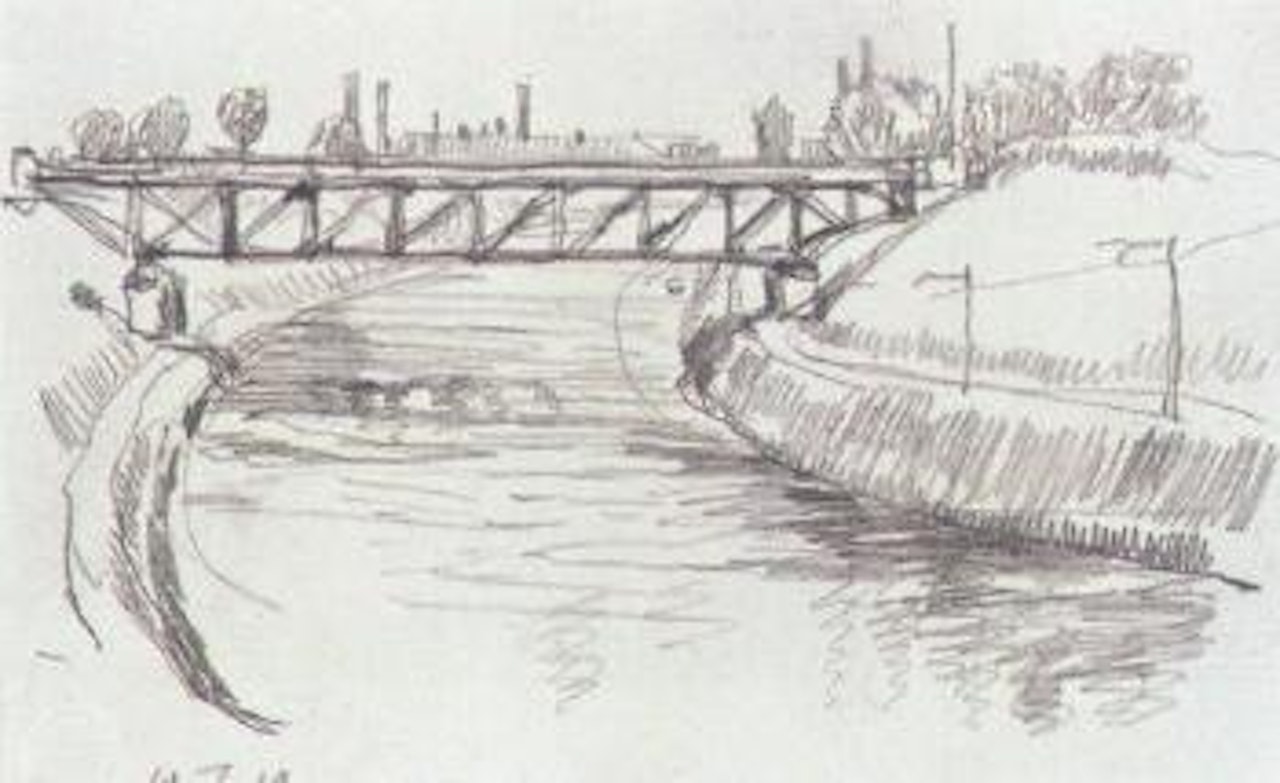 River with railway bridge by George Grosz