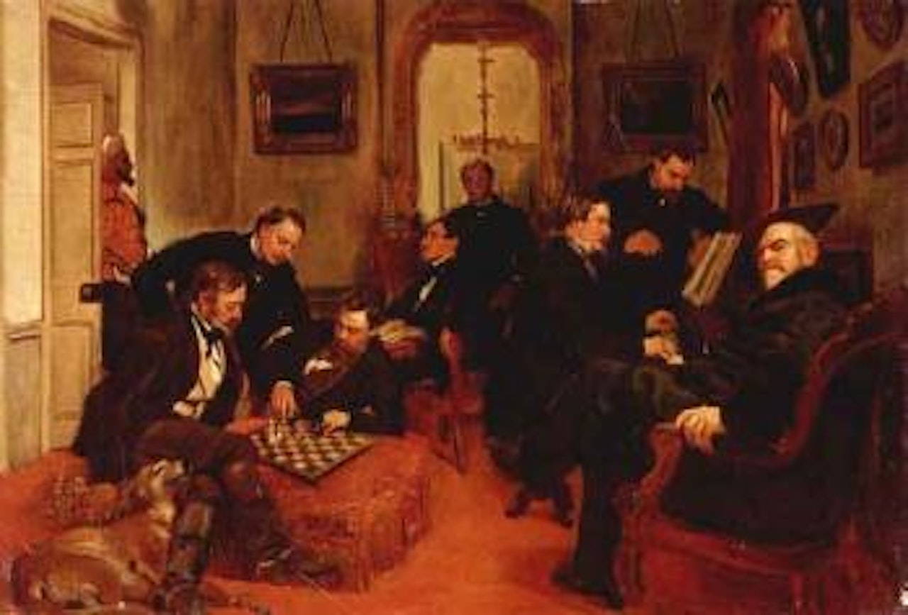 French intellectuals seated in salon by French School