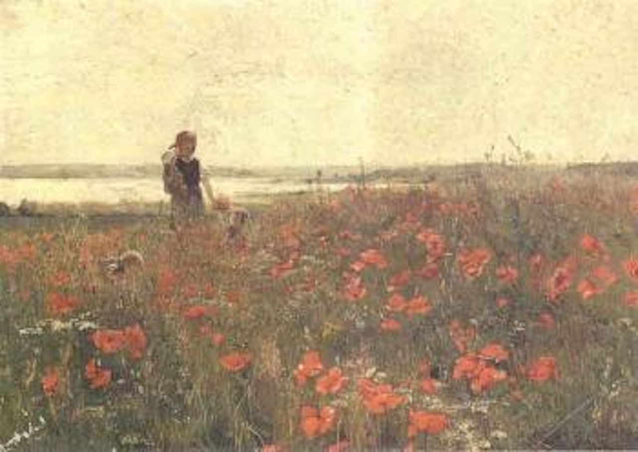 Woman with children in poppy field by French School