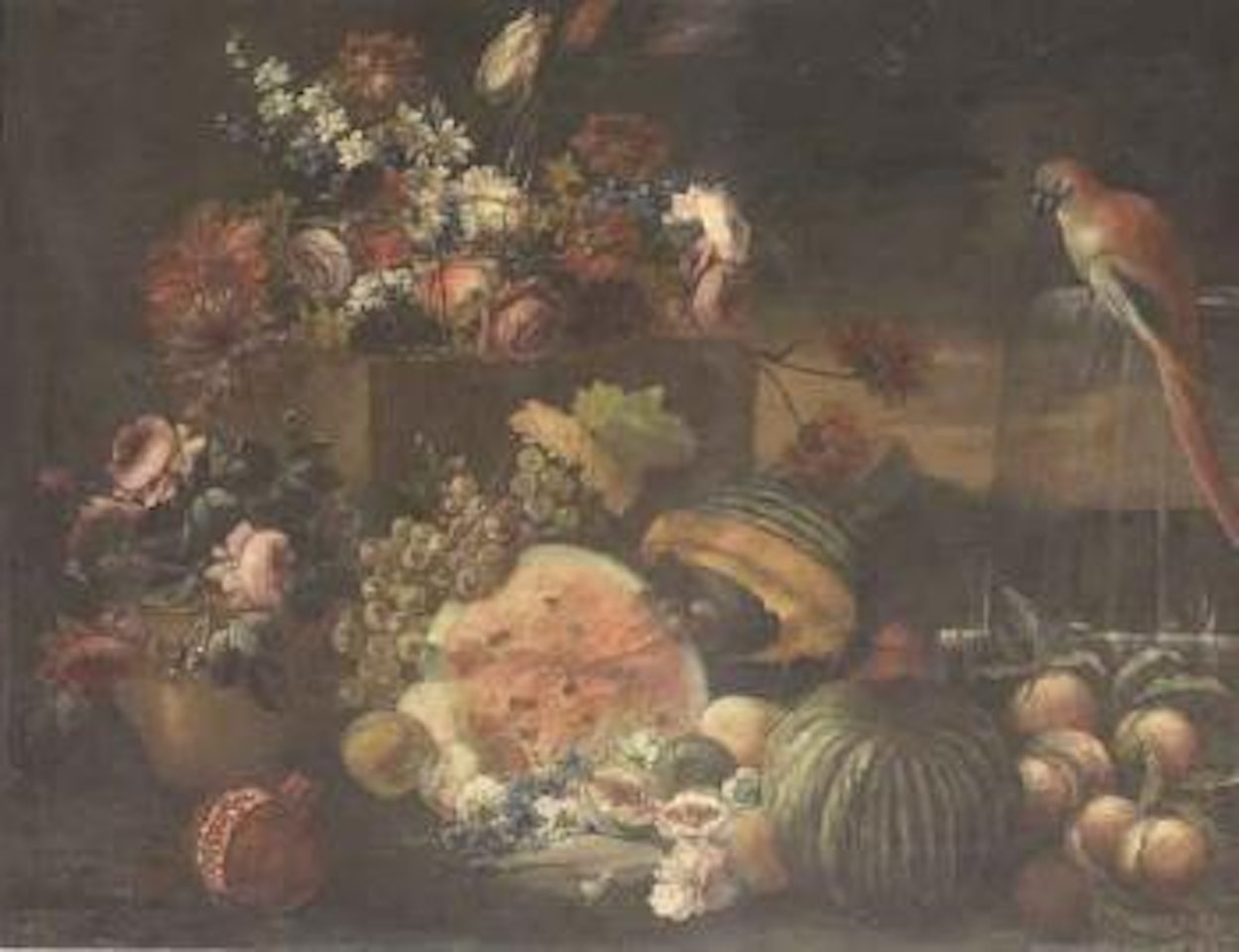 Still life of flowers with fruit and parrot by Neapolitan School