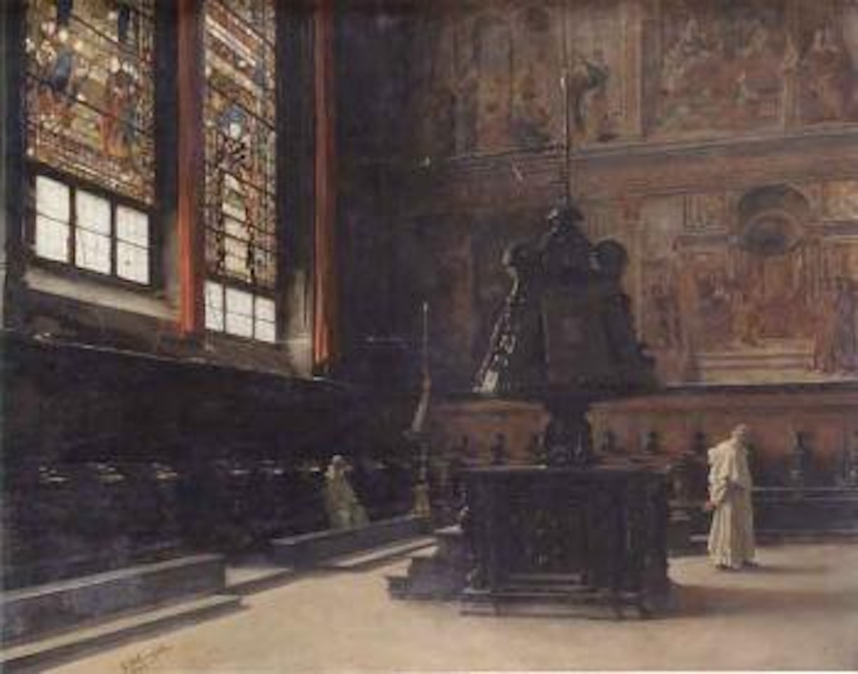 Santa Maria Novella interior with monks, Florence by Giovanni Battista Torriglia