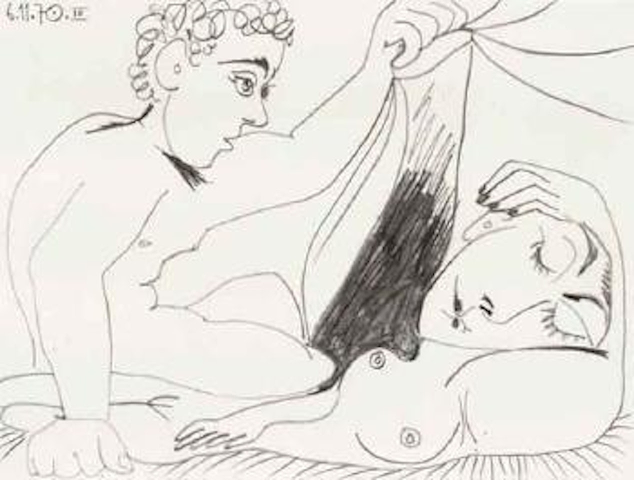 Jeune homme devoilant une femme allongee by Pablo Picasso