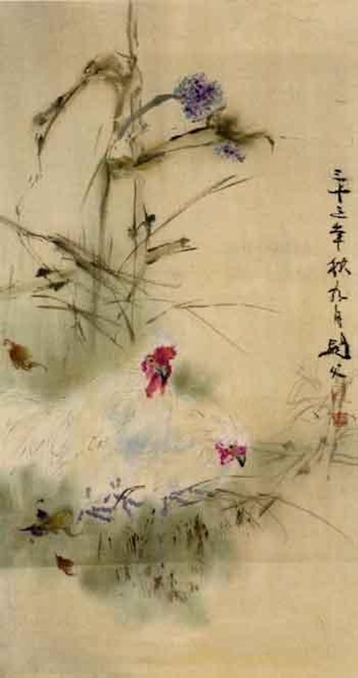 Two hens and flowers by Gao Jianfu