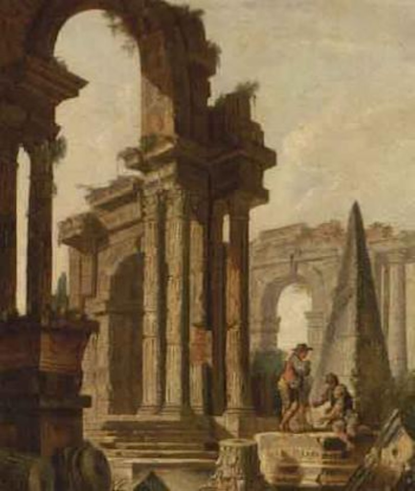 Figures among Roman ruins by Hubert Robert