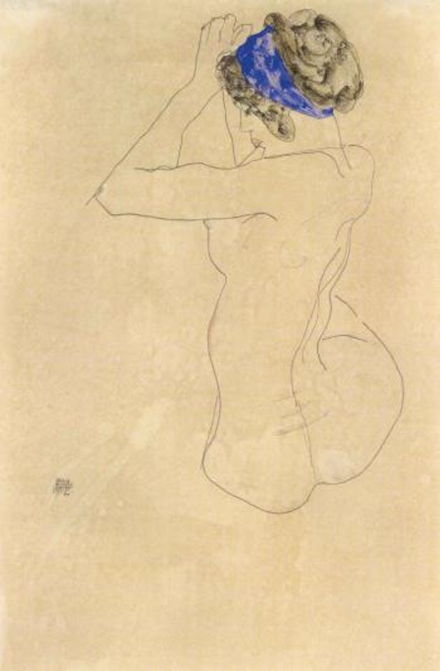Sitzender weiblicher Akt mit blauem Kopfband - Seated female nude with blue headband by Egon Schiele