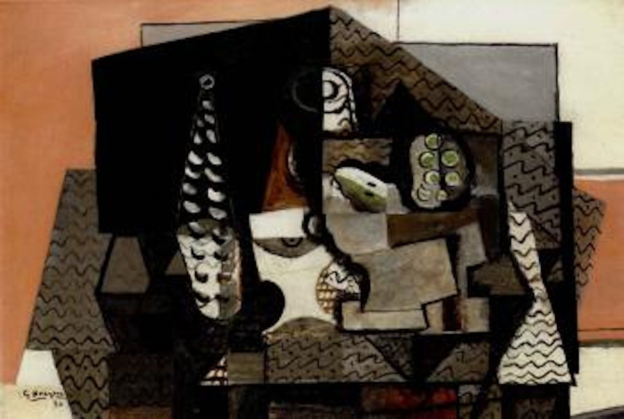 Bouteille, verre et compotier de fruits by Georges Braque
