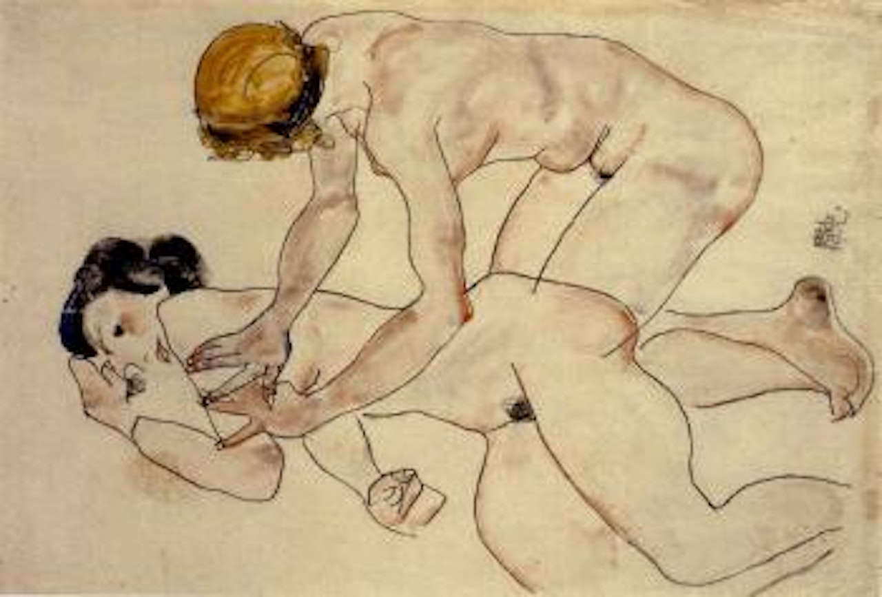 Zwei Frauenakte, liegend und kniend - Two female nudes by Egon Schiele